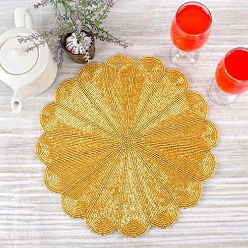 CLEENTABLE Gold Round Beaded Placemats, 13in Glass Bead Table Mats, 2-Pack