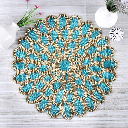 ALPHA Living HOME Beaded Placemats 13 Inch Dark Teal Gold Round Chargers