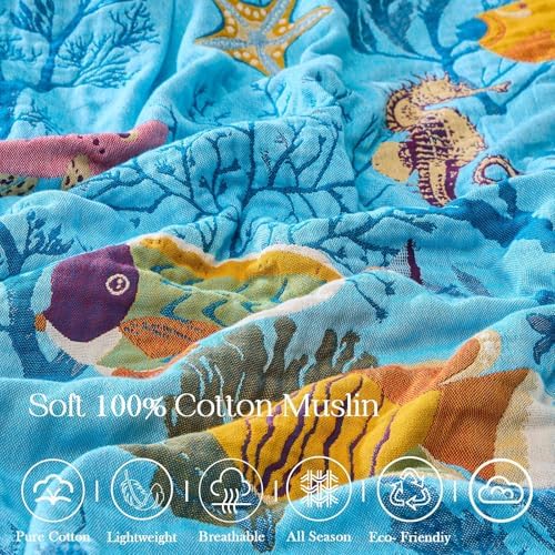 XIBLC Boho Throw Blanket 100% Cotton Vintage Blanket Muslin Woven Flower Decorative Throw Blankets All Season Bohemian Rustic Farmhouse Decor Quilt for Bed (Blue 60"x80")