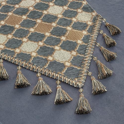 Loom and Mill Chenille Table Runner 90 inches Long, Blue-Grey+Khaki+Beige
