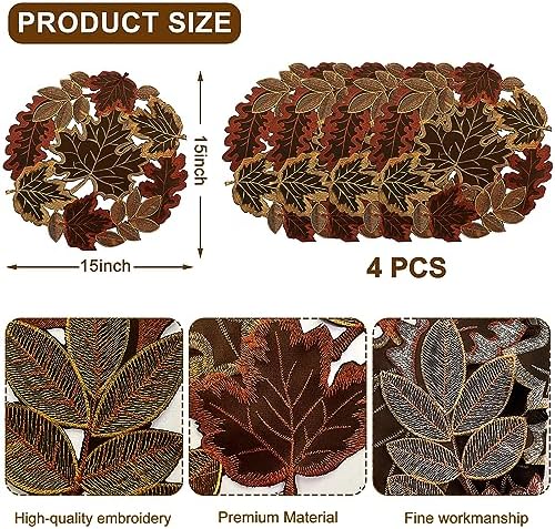 Embroidered Fall Placemats Set of 4, 15 in, Thanksgiving Round Table Mats