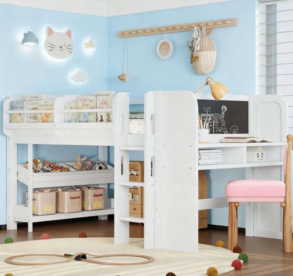 Bellemave Twin Size Low loft Bed with Desk and bookcases, Boxes and Drawers for Kids,Wood Modern Farmhouse Kids Loft Bed with Shelf, White