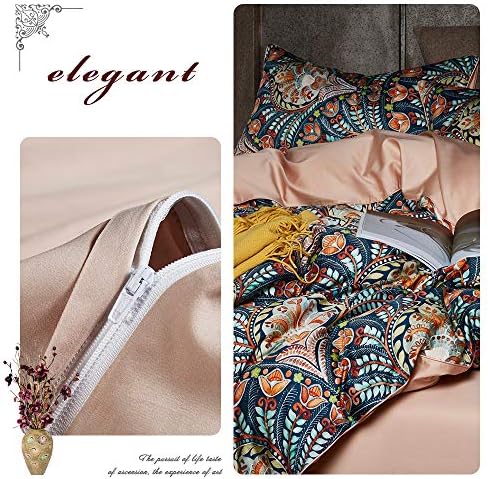 Boho Duvet Cover Queen,Paisley Flower Printed Long Staple Cotton Duvet Cover with 2 Pillowcases,Retro Damask Medallion Bedding Set-3 Pieces 90"x90"
