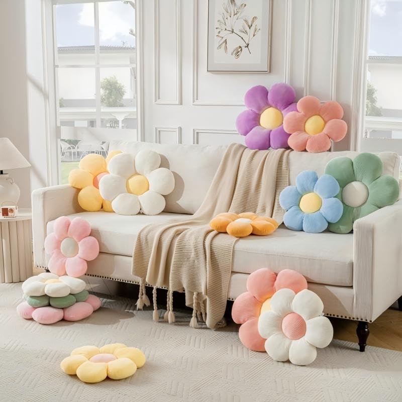 3PCS Flower Pillow,15.75" Daisy Pillow White Purple Coralpink