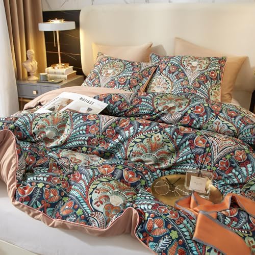 Boho Duvet Cover Queen,Paisley Flower Printed Long Staple Cotton Duvet Cover with 2 Pillowcases,Retro Damask Medallion Bedding Set-3 Pieces 90"x90"