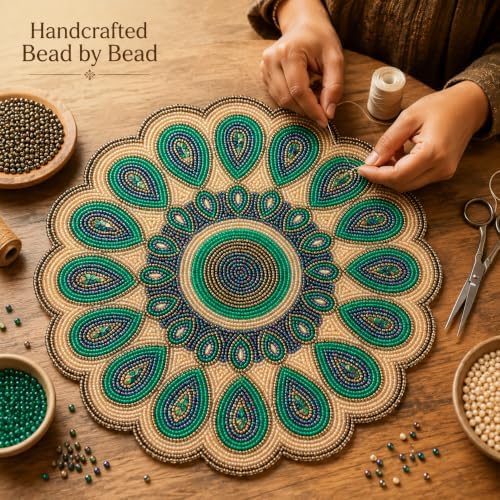 ALPHA Living HOME 13 Inch Round Beaded Placemat, Green Gold Table Decor Mat