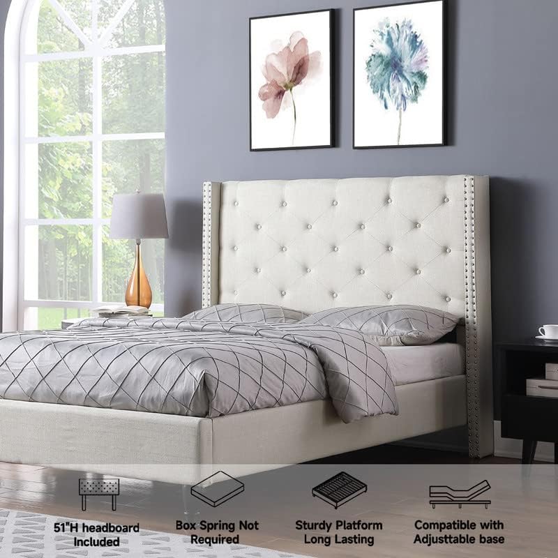 Full Upholstered Platform Bed Frame with 51" Tall Headboard - Button Tufted Cloth Bed - Wood Slat Support with Storage Space- No Box Spring Needed- Easy Assembly - Light Beige - OLIVER & SMITH - Astor