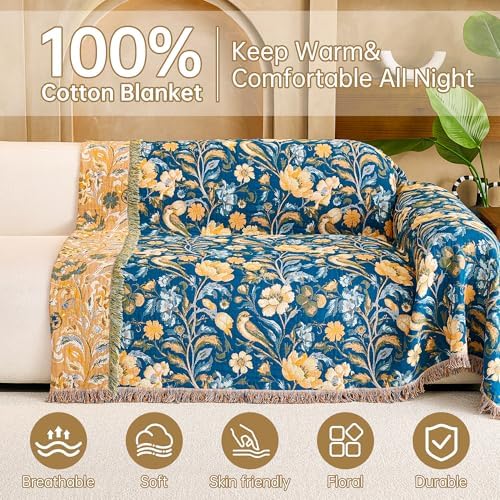 VANJOROY Boho Throw Blanket, 100% Organic Cotton Breathable Ultra Soft 50" x 60" Bed Quilt Blue Throw - All Season Bird Floral Rustic Farmhouse Decor Reversible Blanket for Couch Chair and Gift