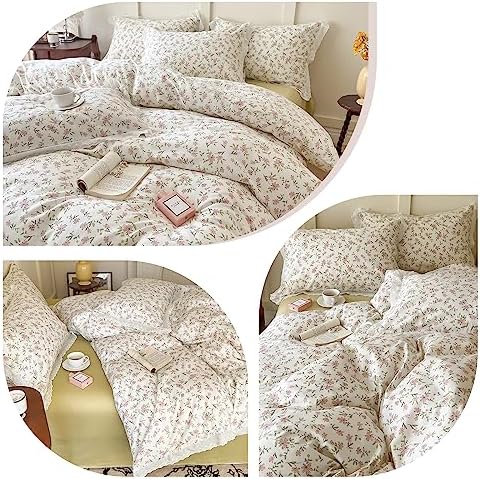 LifeTB Ruffle Duvet Cover Twin 100% Cotton Pink Flower Duvet Cover Girls Princess Lace Bedding Set Vintage Floral Botanical Comforter Cover with Chic White Ruffle Lace Cute Floral Bedding Set Twin
