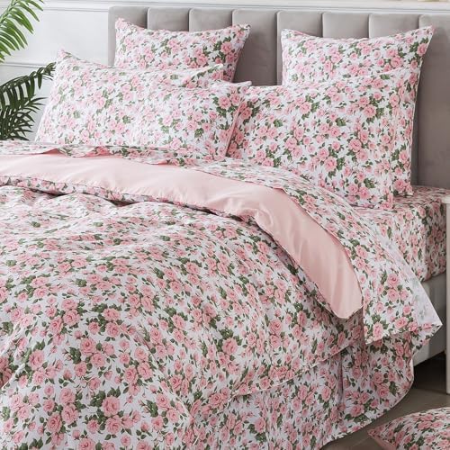 FADFAY Duvet Cover Set Queen Pink Rose Floral Bedding Vintage Peony Flower Quilt Cover Set Shabby Farmhouse Bedding 100% Cotton Ultra Soft Comforter Cover with Hidden Zipper Closure 3Pcs, Queen Size