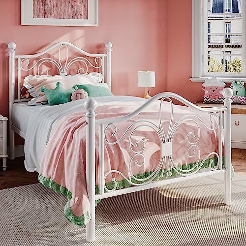 SHA CERLIN Twin Size Metal Bed Frame with Butterfly Headboard, White