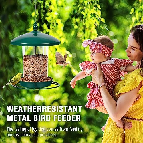 Metal Bird Feeder for Outdoors Hanging,3.0LB Seed Feeder,Easy to Fill & Clean,360° Feeding,Chew Proof Weatherproof Roof for Gardens and Wild Birds,Green