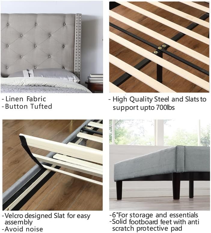 Oliver & Smith Platform Bed Frame Queen Size with Grey Linen Upholstered 51-Inch Button Tufted Headboard Wood Slats Easy Assembly No Box Spring Needed