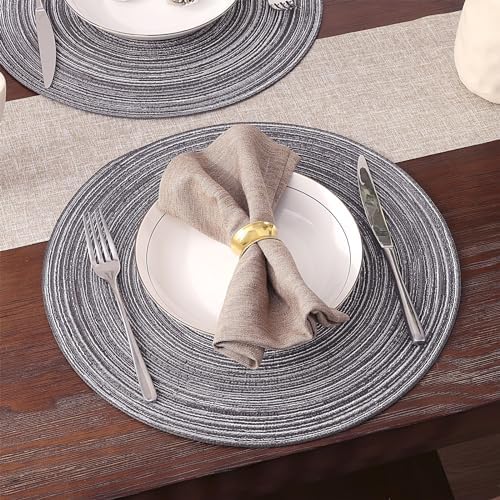 SHACOS Round Braided Placemats Set of 8 Round Table Mats for Dining Tables Non Slip Washable (Black Gray, 8)