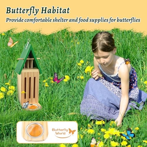 UQM Butterfly House and Feeder for Outside, Wooden Butterfly House