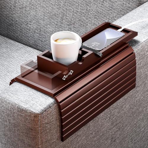 Bestjing Bamboo Couch Armrest Table with Detachable Cup Holder Tray(Walnut)