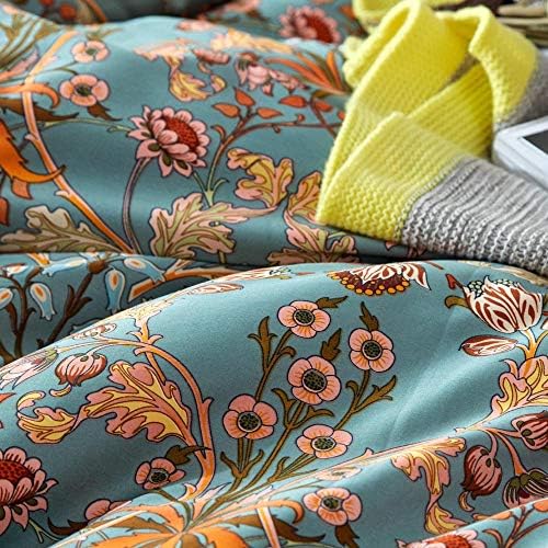 Green Flower Duvet Cover Set Twin,Aesthetic Boho Bedding Set Percale Cotton Royal Floral Comforter Cover with Zipper Closure