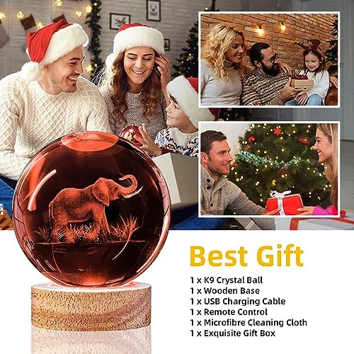 3D Elephant Crystal Ball Night Light With 16 Color Wooden Base, Upgraded 3.15 Inch Glass Ball Lamp With Remote for Birthday Holiday Xmas, Cool Toy Decor Gifts for Boys Girls Kids