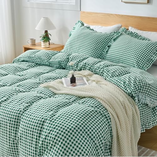 Gingham Duvet Cover Queen Size, 3 Pieces Soft Breathable Microfiber Plaid Duvet Cover with Zipper Closure & 2 Pillow Shams, Ruffle Farmhouse Vintage Decor, Green