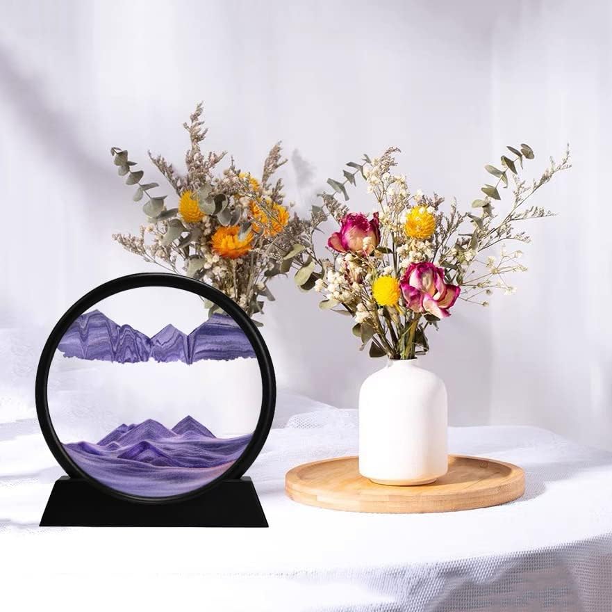 rysnwsu 3D Dynamic Sand Art Liquid Motion, Moving Sand Art Picture Round Glass 3D Deep Sea Sandscape in Motion Display Flowing Sand Painting Relaxing Desk Toys (Purple, 7'')