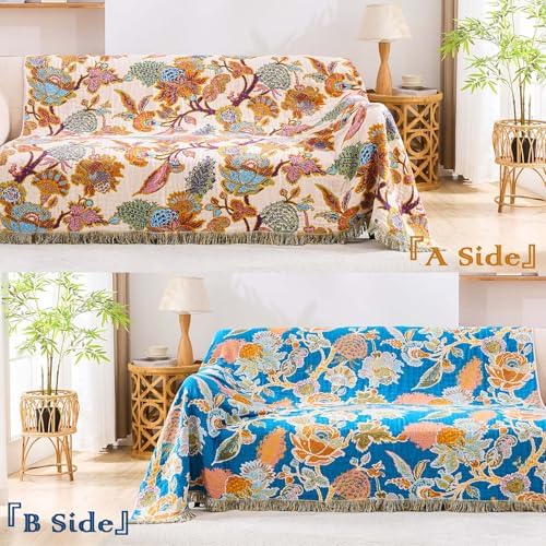 XIBLC Boho Throw Blanket for Bed, 100% Cotton Soft Rustic Quilt Fall Blanket, 50"x60" Floral Printed Farmhouse Decor Bed Blankets, All Season Rustic Reversible Bohemian Throw Quilt