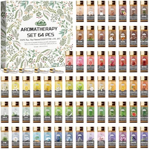 Essential Oil Set, 64 Pcs Fragrance Aromatherapy Oils for Skin, Diffusers, Home Care, Humidifier Laundry, Candle Making - Tea Tree, Sandalwood, Lavender, Vanilla, Eucalyptus and More(5mL)