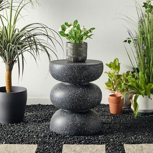 Glitzhome Outdoor Side Table Set of 2, 18" H Decorative Garden Stool MgO Faux Terrazzo End Table, Heavy Duty Indoor Outdoor Round Planter Stand for Living Room Bedroom Patio Deck Poolside,Black