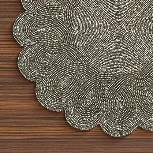 Lightnpro Handmade Beaded Placemats Set of 2 – 13 Inch Gunmetal Round Scalloped Charger Mats, Handcrafted Artisan Table Accessories in Gunmetal | Elegant Dining, Wedding & Home Décor Table Mats