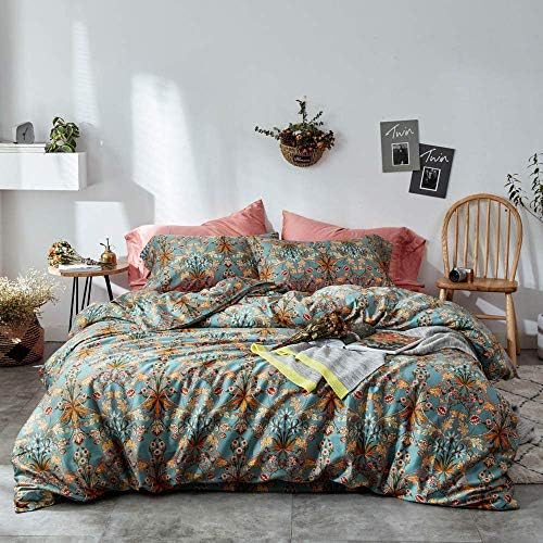 Green Gold Duvet Cover Queen,Medallion Paisley Print Bedding Set 400 Thread Count Percale Cotton Vibrant Bohemian Pattern Quit Cover with Zipper Closure