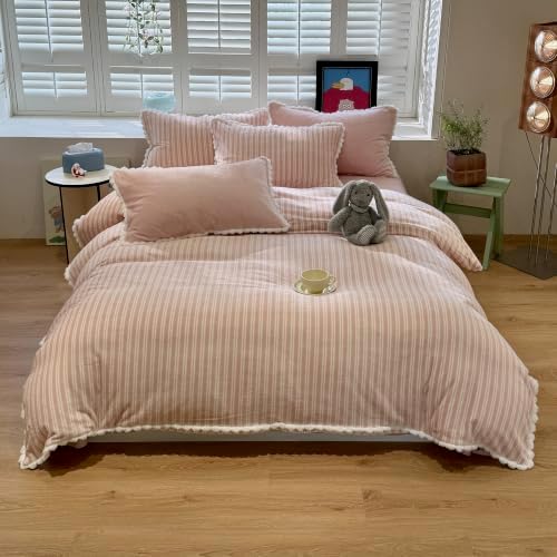AOJIM Milk Velvet Duvet Cover Set Twin 3 Pieces Retro Pink Striped Bedding