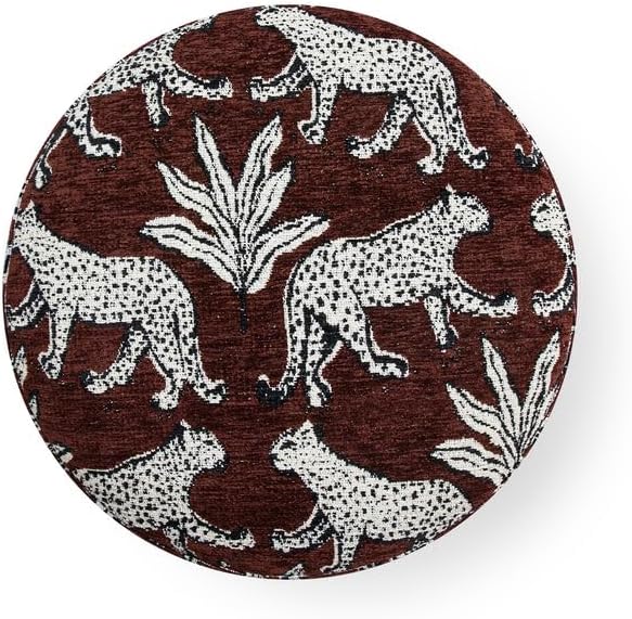 First of a Kind Brown Leopard Jacquard Ottoman, Upholstered Accent Stool and Footrest with Plush Foam-Padded Top and Solid Wood Orb Legs