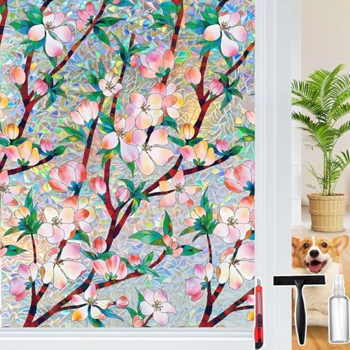 Rainbow Window Privacy Film Decorative Window Sticker, 3D Static Stained Glass Cling Tint for Home Heat Control Non-Adhesive, 17.5 Inch * 78.74 Inch