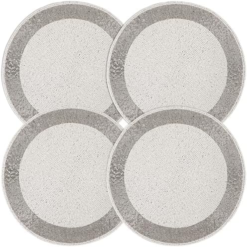 ALPHA Living HOME Beaded Placemats Set of 4 13 Inch Silver White Round Mats