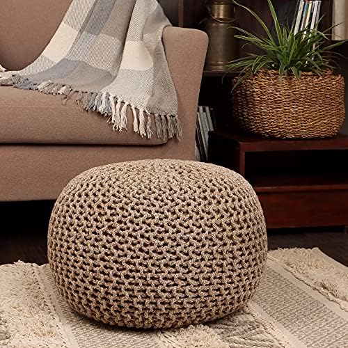 · REDEARTH · Round Pouf Ottoman - Hand Knitted Boho Poof - Beige Ivory