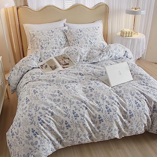 HighBuy 3 Pieces Duvet Cover King Size White Bedding Duvet Cover with Blue Floral Print,Coquette Bedding Soft Cotton Comforter Cover Boho Style,Aesthetic King Bedding Set with Zipper Closure 4 Ties