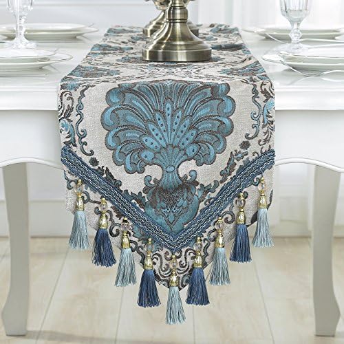 Embroidery Luxury Table Runner Jacquard Fabric Table Runner with Multi-Tassels for Dining Room Dresser Wedding Party Decorations, 13" x 98", Beige