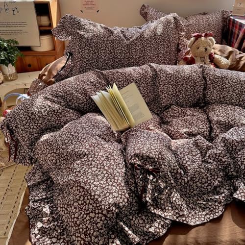 Vintage Ruffled Duvet Cover Queen Size 3 Pcs Set,90"×90" Bedding