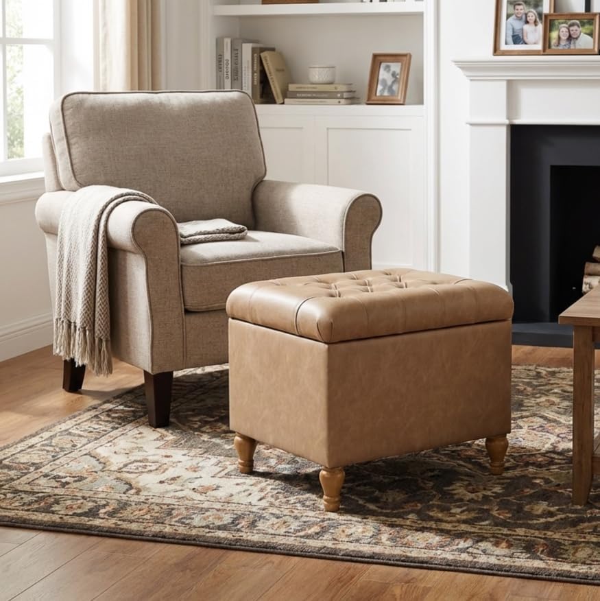 Spatial Order 24" Button Tufted Storage Ottoman - Sand Faux Leather