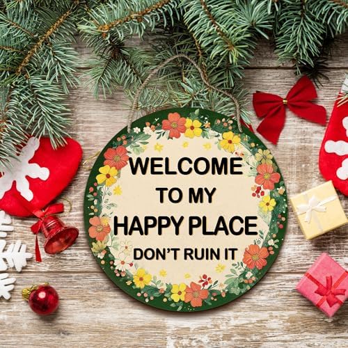 PHAMTE Welcome to My Happy Place Don't Ruin it Floral Round Wreath Sign, Cottagecore Botanical Wall Hanging Plaque Wood Sign, Farmhouse Decor Decorations for Wall Pediments Door Porch Garden 12 Inch