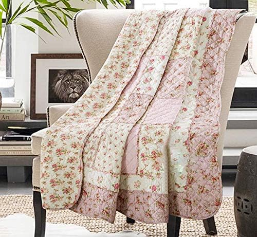 Cozyholy Original 100% Cotton Quilt Pink Floral Patchwork Quilts Quilted Throw Blanket, Reversible Bedspread Coverlet Vintage Shabby Chic Cottage Bedding Quilt for Bed Couch Sofa