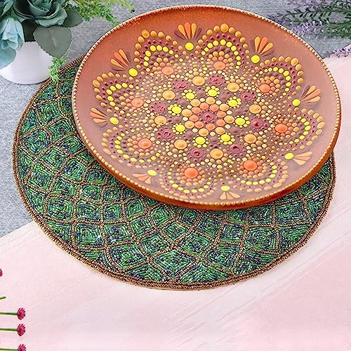 CLEENTABLE Round Beaded Placemat, Green & Gold