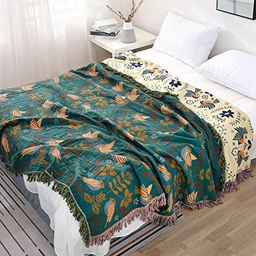 Bird Pattern Boho Throw Blanket for Bed Decor 90"×108" Teal/Cream