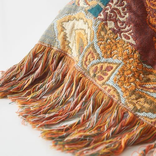 Boho Throw Blanket for Bed 90”x108”, 100% Cotton Blanket for Couch Sofa