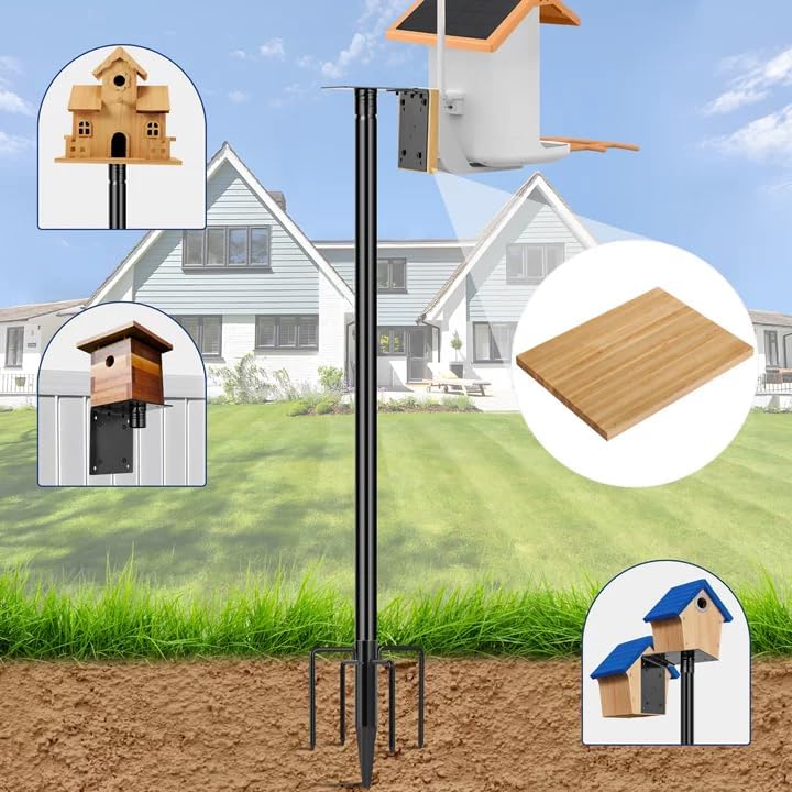 Ottsuls Bird Feeder Pole, 76 Inch Heavy Duty Bird House Pole Kit for Outdoors, with Wooden Board, 5-Prong Base Feeding Station for Wild Birds Watching, Adjustable Feeder Stand (House Not Included)