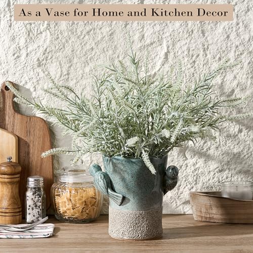 6.38“H Utensil Holder for Kitchen Counter, Modern Farmhouse Cooking Utensil Holder and Crock Home Kitchen Decor, Ceramic Utensil Organizer for Spatula, Ladle, Eggbeater, Rolling Pin- Blue and Brown