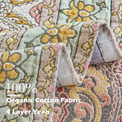 VANJOROY King Boho Throw Blanket, 100% Organic Cotton Breathable Skin-Friendly Ultra Soft 91" x 98" Bed Quilt Throw - Floral Rustic Decor Luxury Reversible Blanket for Sofa Couch Chair and Gift