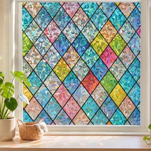 Sunbaby Stained Glass Winodw Film, Rainbow Lattice Stickers, 45"x157.4"