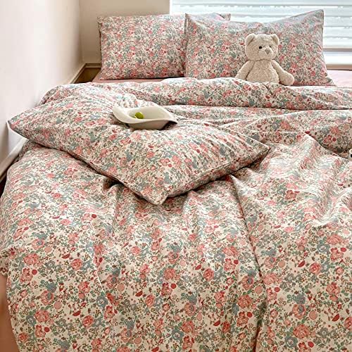 LIFETB Pink Floral Comforter Set Full Cute Girl Floral Bedding Comforter Set for Full Size Bed Chic Garden Style Flower Comforter with 2 Pillowcases Vintage Botanical Bedding Comforter Set All Season