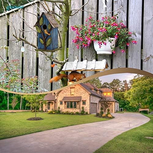 Glitzhome Bird Houses for Outside, 9.7" H Hanging Bird House for Outdoor, Patio Garden Decorative Pet Cottage Distressed Wooden Birdhouse for Bluebird Hummingbird Wren Finch Cardinals, Blue Leaves