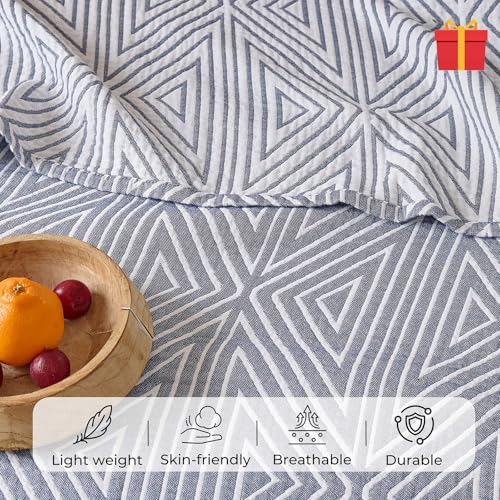 100% Cotton Geometric Reversible Muslin Blanket 60"×80" Blue
